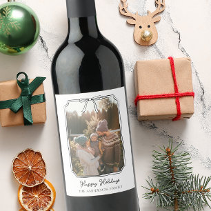 Minimalist Simple Bow Black and White Family Photo Wine Label