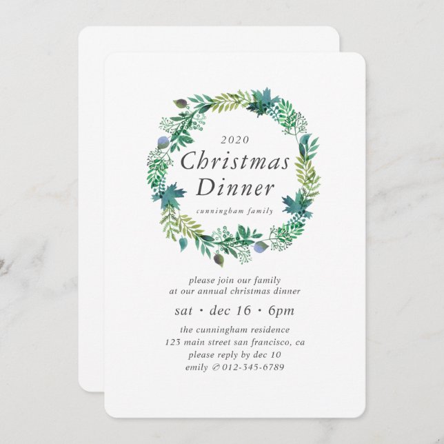 Minimalist Simple Chic Wreath Christmas Dinner Invitation (Front/Back)