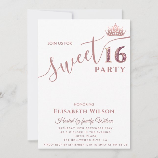 Minimalist Simple Cool rose gold tiara sweet 16  Invitation (Front)