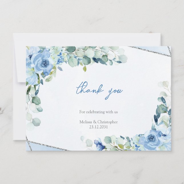 Minimalist simple Dusty Blue Floral Silver Frame   Thank You Card (Front)