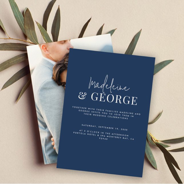 Minimalist simple elegant navy blue photo wedding invitation (Creator Uploaded)
