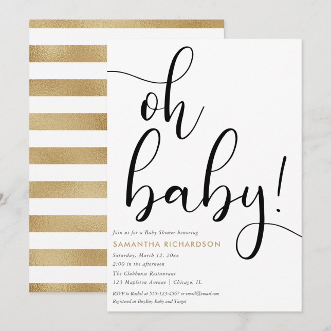 Minimalist simple faux gold foil black white baby invitation (Front/Back)