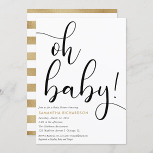 Minimalist simple faux gold foil black white baby invitation