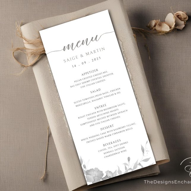 Minimalist Simple Floral Boho Wedding Menu Card (Gray Wedding Dinner Menu Cards, Minimalist Modern Script Wedding Menu by TheDesignsEnchanted)