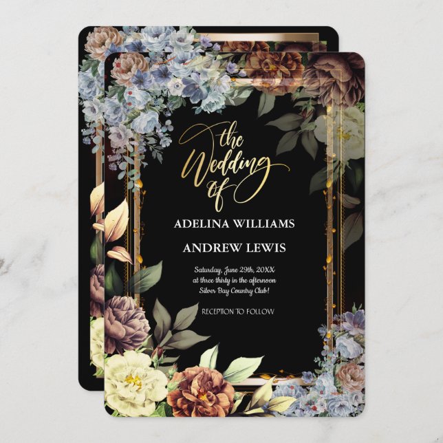 Minimalist Simple Flowers Rose,Gold Frame Wedding Invitation (Front/Back)