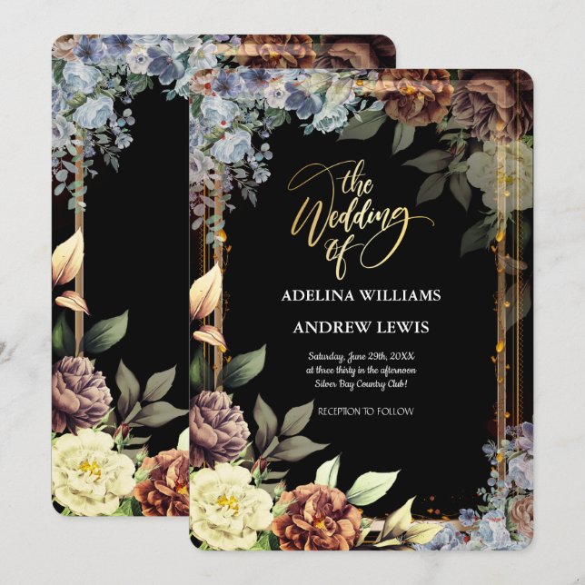 Minimalist Simple Flowers Rose,Gold Frame Wedding Invitation (Front/Back)