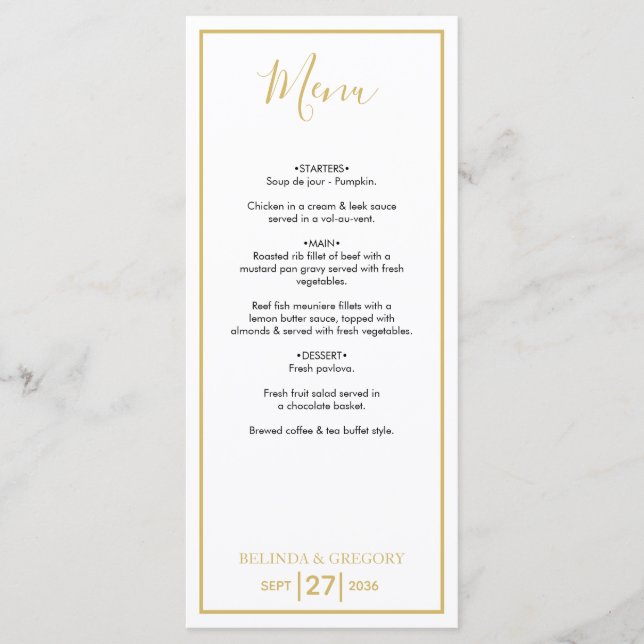 Minimalist Simple Gold Black & White Wedding Menu (Front)