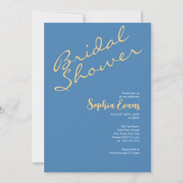 Minimalist & Simple Gold Steel Blue Bridal Shower Invitation (Front)