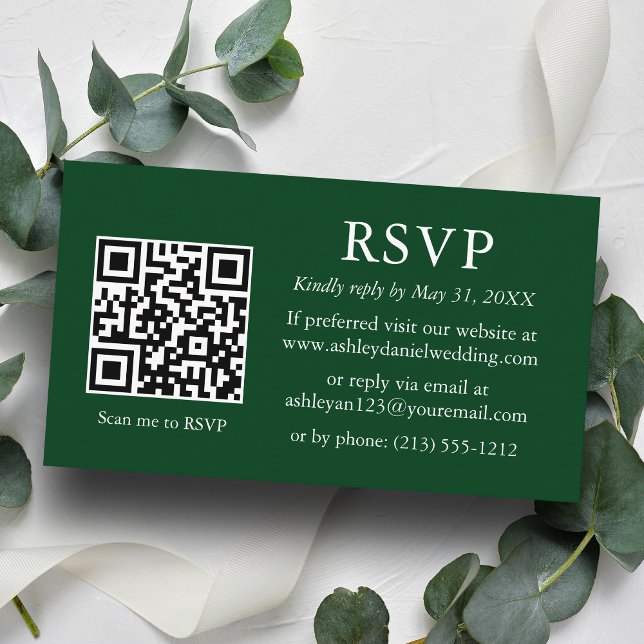 Minimalist Simple Green QR Wedding RSVP Enclosure Card (Customize to change text style, size, background color or add more text or a photo to back of card.)