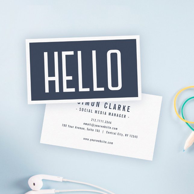 Minimalist Simple HELLO Bold Navy Professional Business Card (Creator Uploaded)