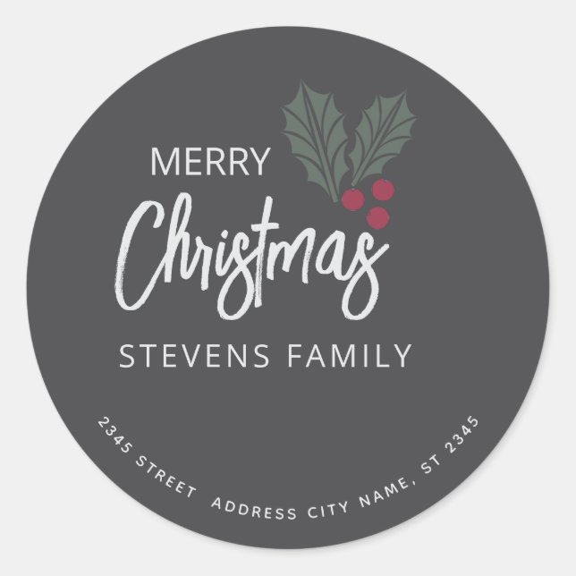 Minimalist simple holly  Merry Christmas   Classic Round Sticker (Front)