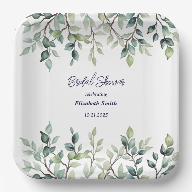 Minimalist Simple leaves branches   bridal shower Paper Plate (Front)