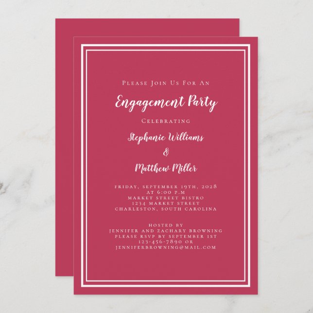 Minimalist Simple Magenta Red Engagement Party Invitation (Front/Back)