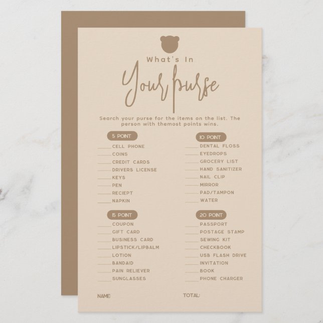 Minimalist simple modern bear Baby Shower Game  (Front/Back)