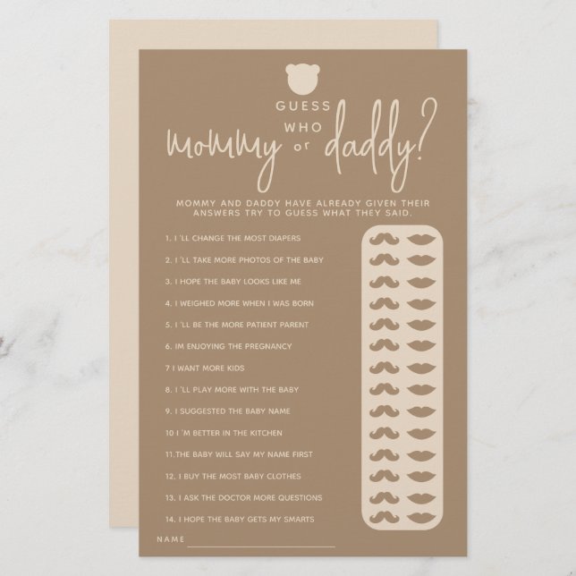 Minimalist simple modern bear Baby Shower Game  (Front/Back)
