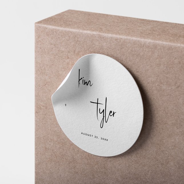 Minimalist simple modern names script wedding classic round sticker (Creator Uploaded)