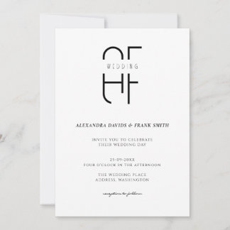 Minimalist simple monogram modern white wedding invitation