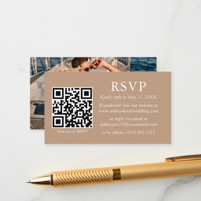Minimalist Simple Photo Wedding QR Taupe RSVP  Enclosure Card (Front/Back In Situ)