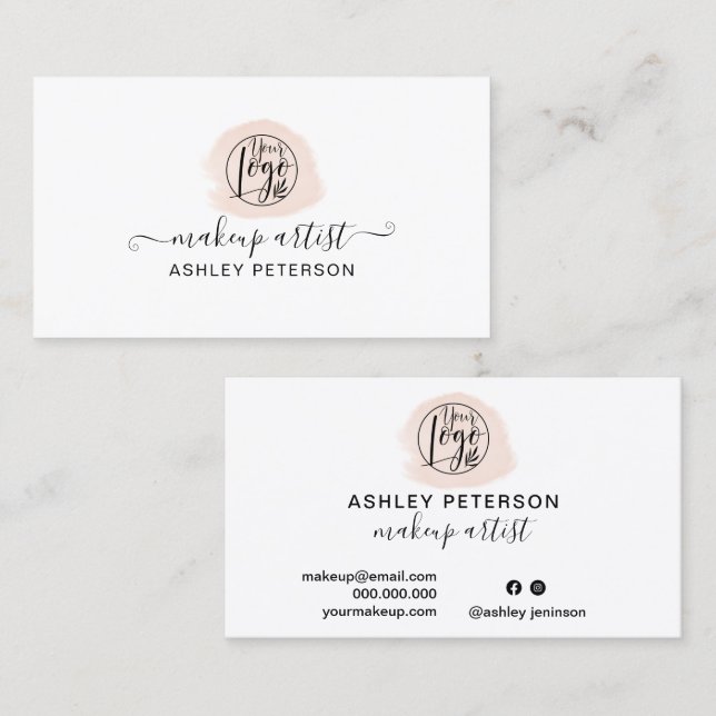 Minimalist simple pink brushstroke logo makeup business card (Front/Back)
