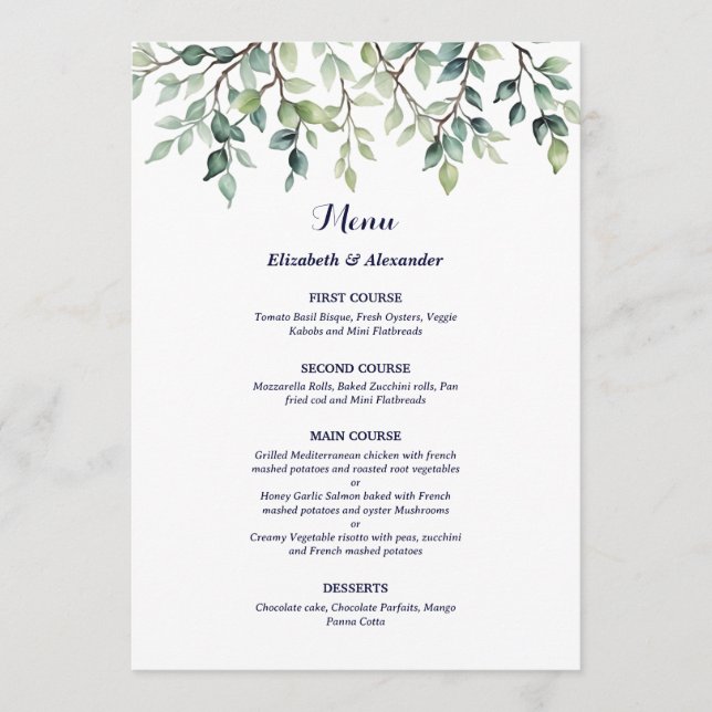 Minimalist Simple Pretty leaves branches wedding  Menu (Front)