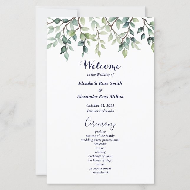 Minimalist Simple Pretty leaves wedding program (Front)