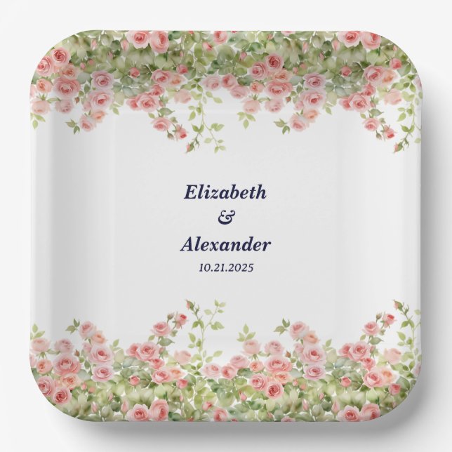 Minimalist Simple Pretty rose vine floral wedding  Paper Plate (Front)