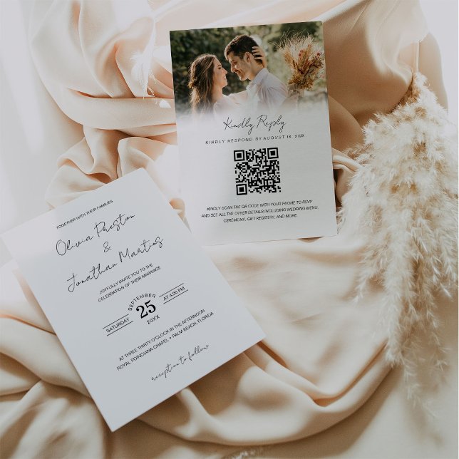 Minimalist Simple QR Code RSVP Wedding Photo Invitation (Creator Uploaded)