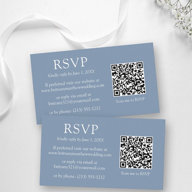 Minimalist Simple QR Code Wedding Dusty Blue RSVP  Enclosure Card (Customize to change text size, color, style or to change background color of front and back of card.)