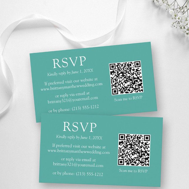 Minimalist Simple QR Code Wedding Teal RSVP  Enclosure Card (Customize to change text size, color, style or to change background color of front and back of card.)