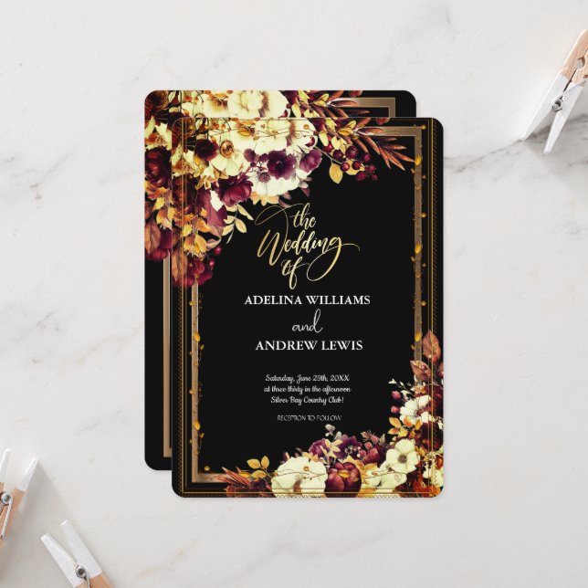 Minimalist Simple Red Rose,Gold Frame invitation  (Front/Back In Situ)