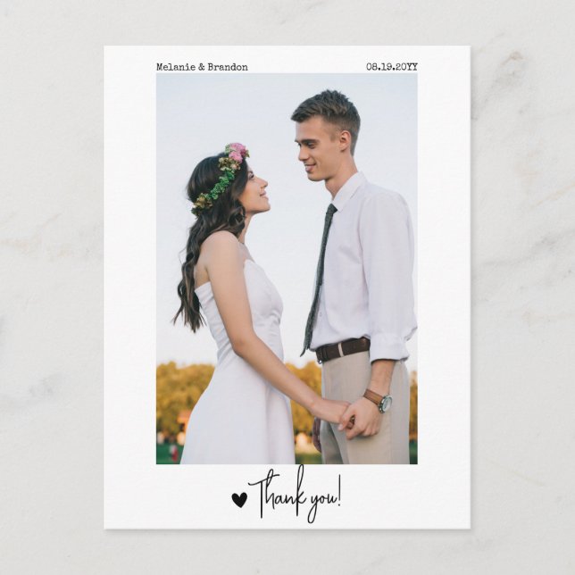 Minimalist Simple Script Photo Thank You Wedding Postcard (Front)