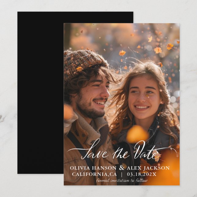 Minimalist Simple Script Photo Wedding Black Save The Date (Front/Back)
