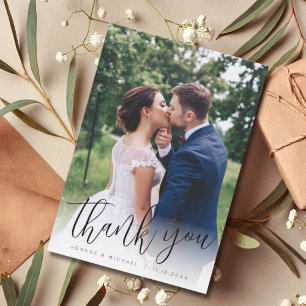 Minimalist Simple Script Photo Wedding Thank You Card