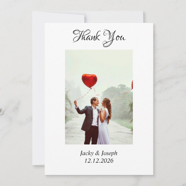 Minimalist Simple Script with Heart Wedding Photo Thank You Card (Front)