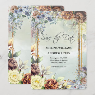 Minimalist Simple Silver Flowers Rose,Gold Frame  Invitation