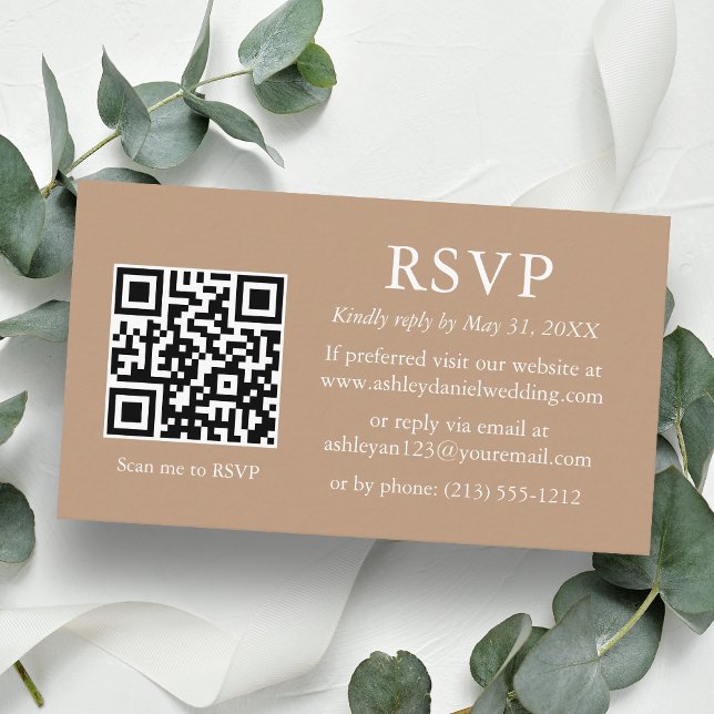 Minimalist Simple Taupe Wedding QR RSVP Enclosure Card (Customize to change text style, size, background color or add more text or a photo to back of card.)