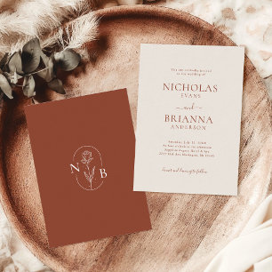 Minimalist Simple Terracotta Boho Wedding Monogram Invitation