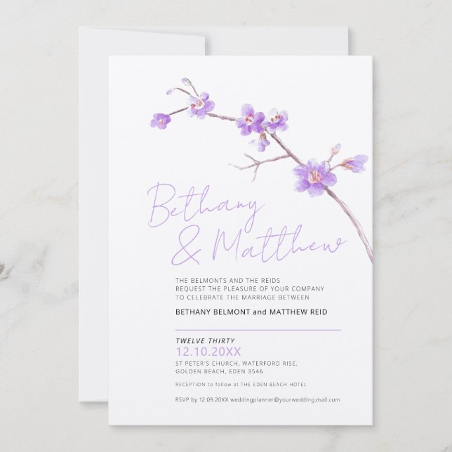 Minimalist simple watercolor spring blossom purple invitation (Front)