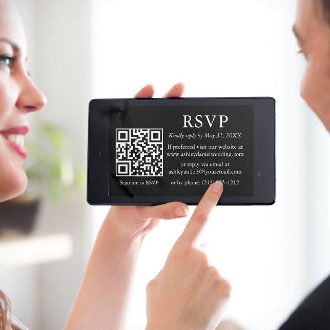 Minimalist Simple Wedding Black QR RSVP  Card (Customize to change text size,  text style or background color.)