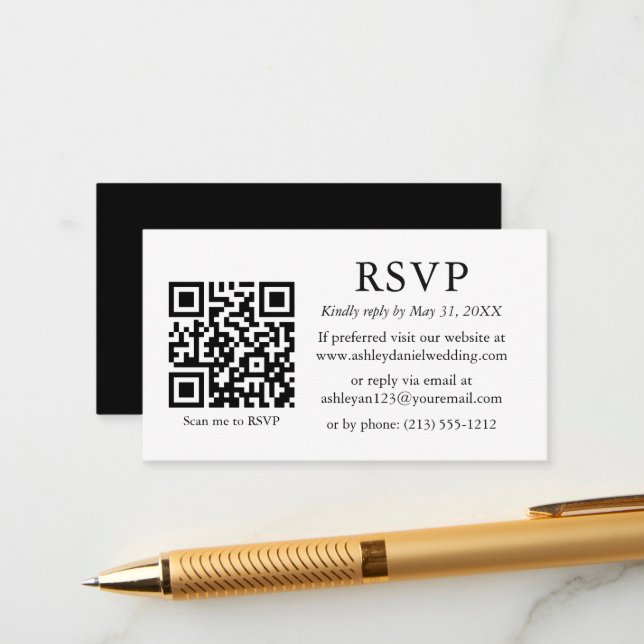 Minimalist Simple Wedding Black White QR RSVP Enclosure Card (Front/Back In Situ)