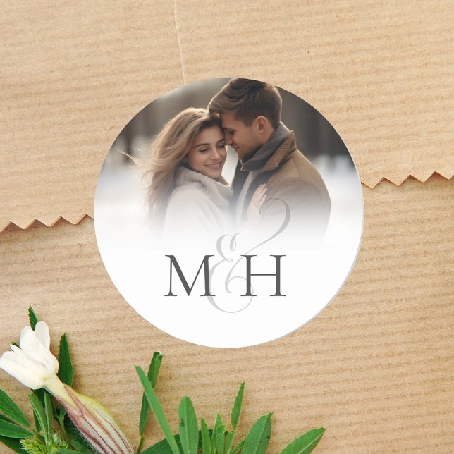 Minimalist Simple Wedding Monogram Ampersand Photo Classic Round Sticker (Simple ampersand photo and monogram sticker label. )