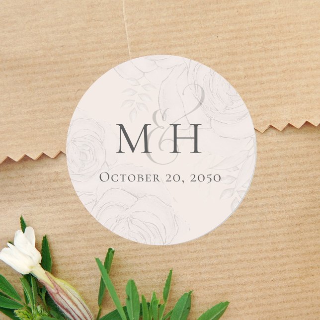 Minimalist Simple Wedding Monogram Blush Floral Classic Round Sticker (Creator Uploaded)