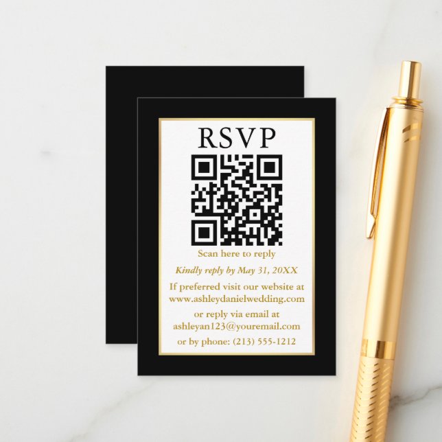 Minimalist Simple Wedding QR Black Gold RSVP Enclosure Card (Front/Back In Situ)