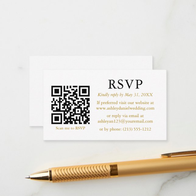 Minimalist Simple Wedding QR Gold RSVP Enclosure Card (Front/Back In Situ)
