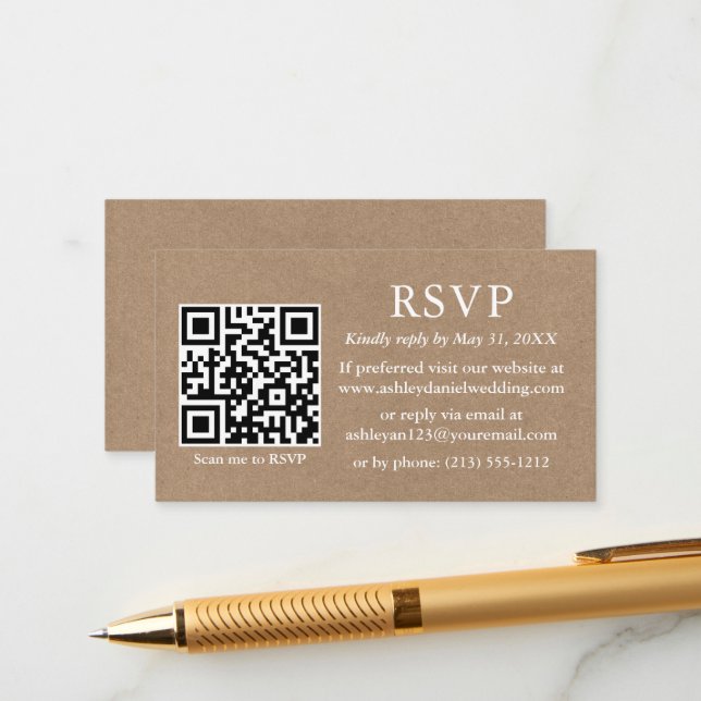Minimalist Simple Wedding QR Kraft RSVP Enclosure Card (Front/Back In Situ)