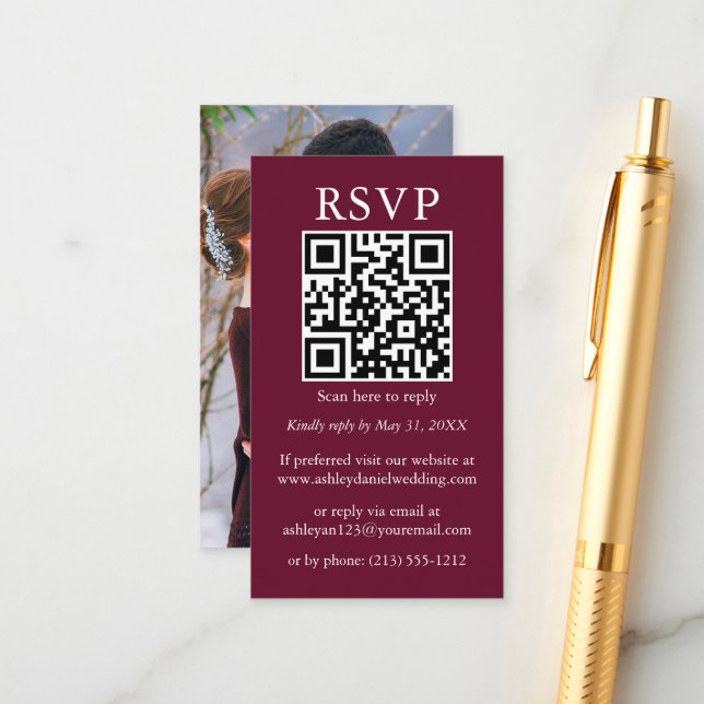 Minimalist Simple Wedding QR Photo Burgundy RSVP Enclosure Card (Front/Back In Situ)