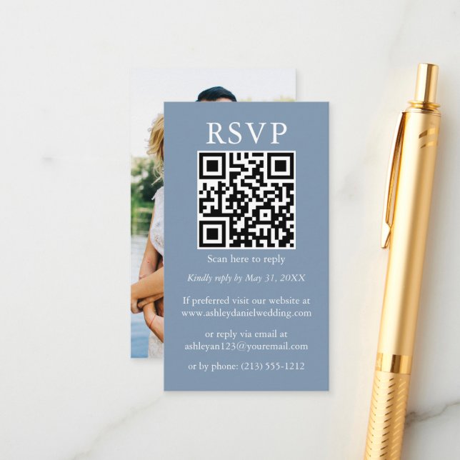 Minimalist Simple Wedding QR Photo Dusty Blue RSVP Enclosure Card (Front/Back In Situ)