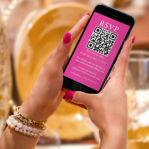 Minimalist Simple Wedding QR RSVP Hot Pink Card