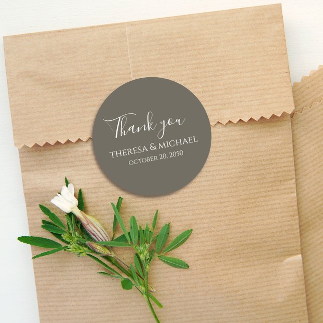 Minimalist Simple Wedding Thank You Brown Grey Classic Round Sticker (Creator Uploaded)