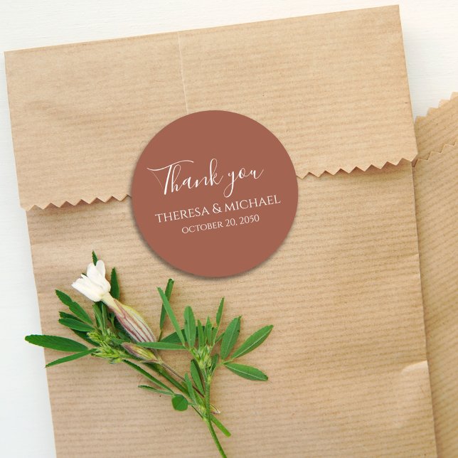 Minimalist Simple Wedding Thank You Terracotta Classic Round Sticker (Creator Uploaded)
